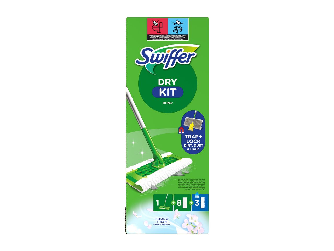 Set de mop uscat Swiffer cu rezerve.