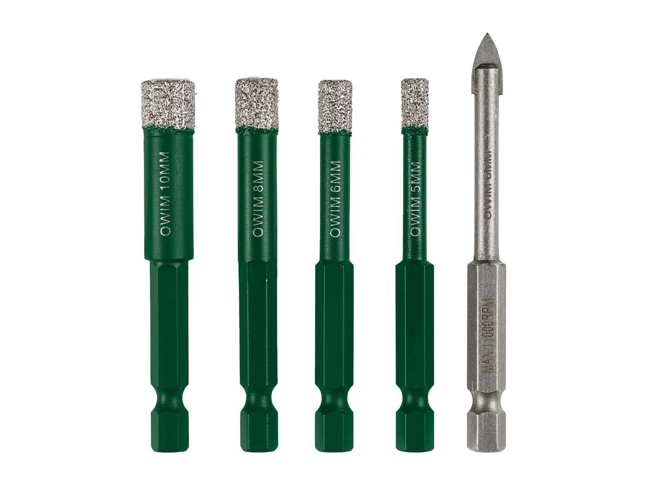 A set of five drill bits, four green diamond-tipped and one silver spear-point, for various materials.