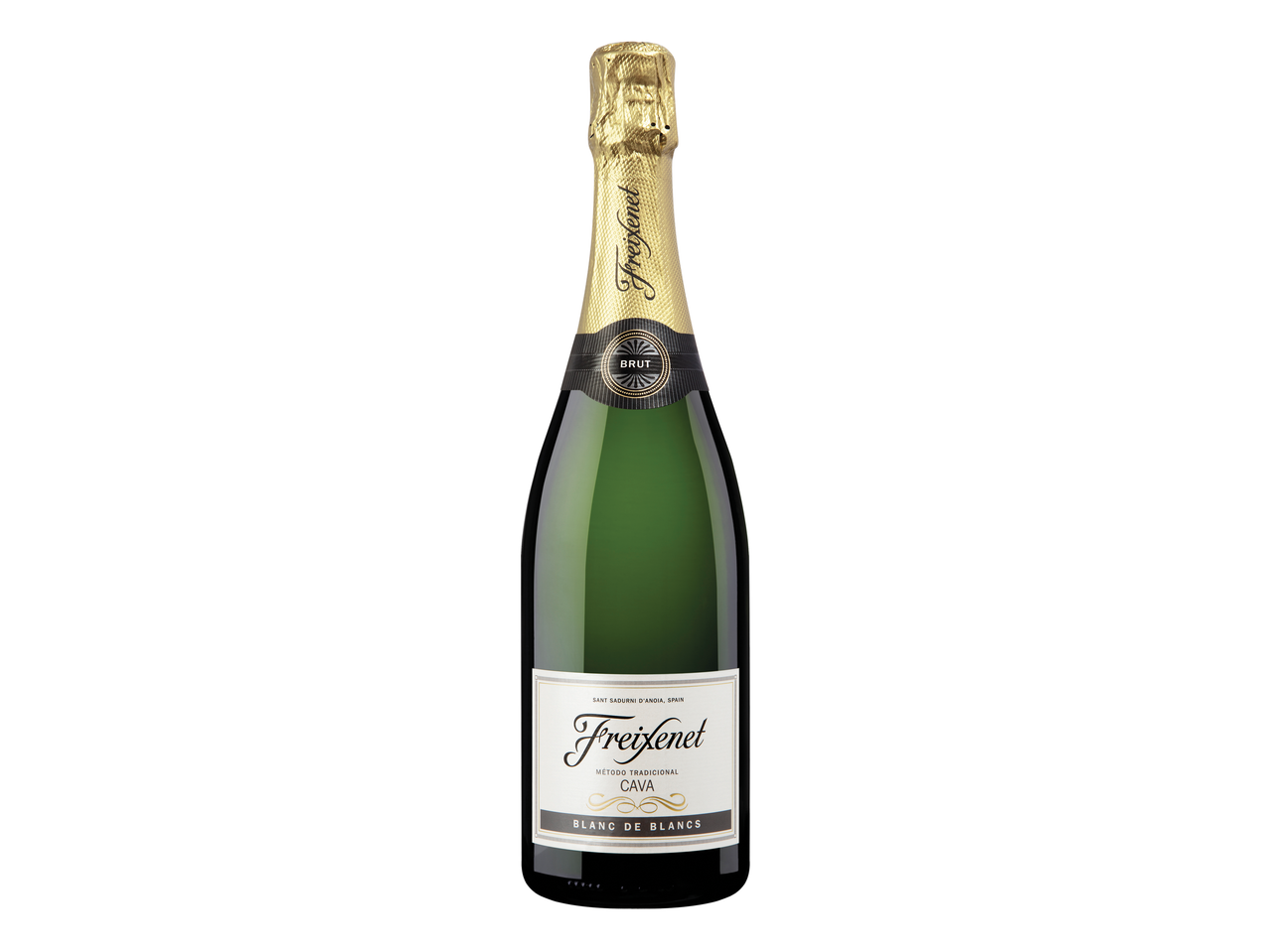 Freixenet Blanc de Blancs Brut Cava, uma garrafa verde com topo de folha dourada e rótulos pretos e dourados.