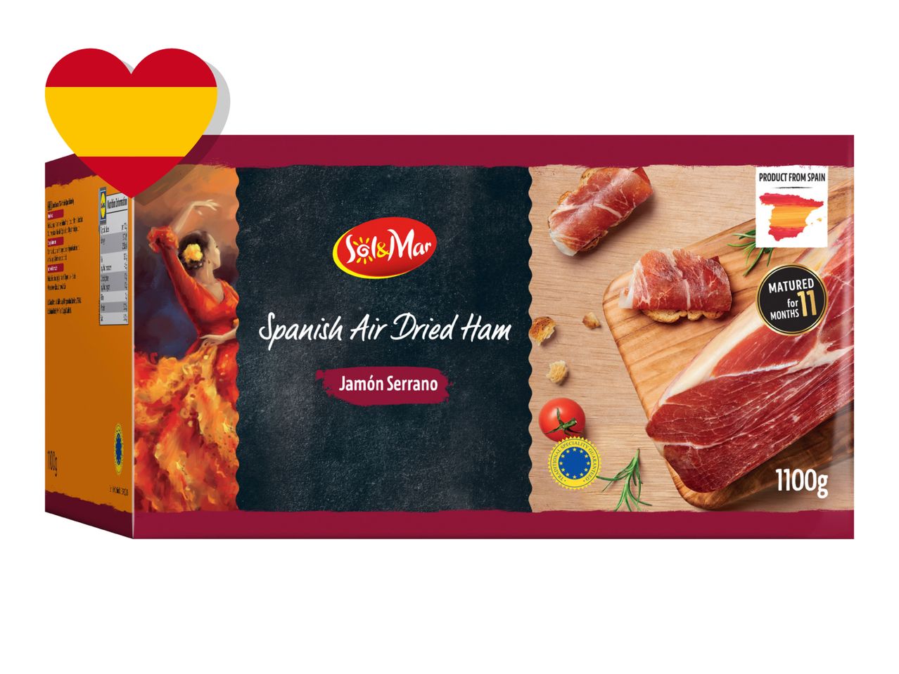 Spanish Air Dried Ham (Jamón Serrano) packaging with a flamenco dancer and ham slices.