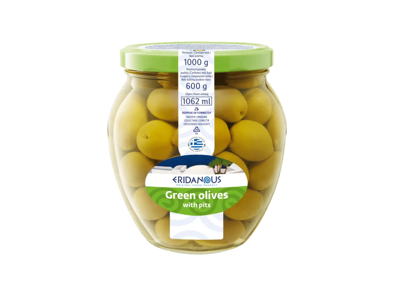 Tegla zelenih maslina sa košticama, neto težine 1000g i 600g oceđene mase.