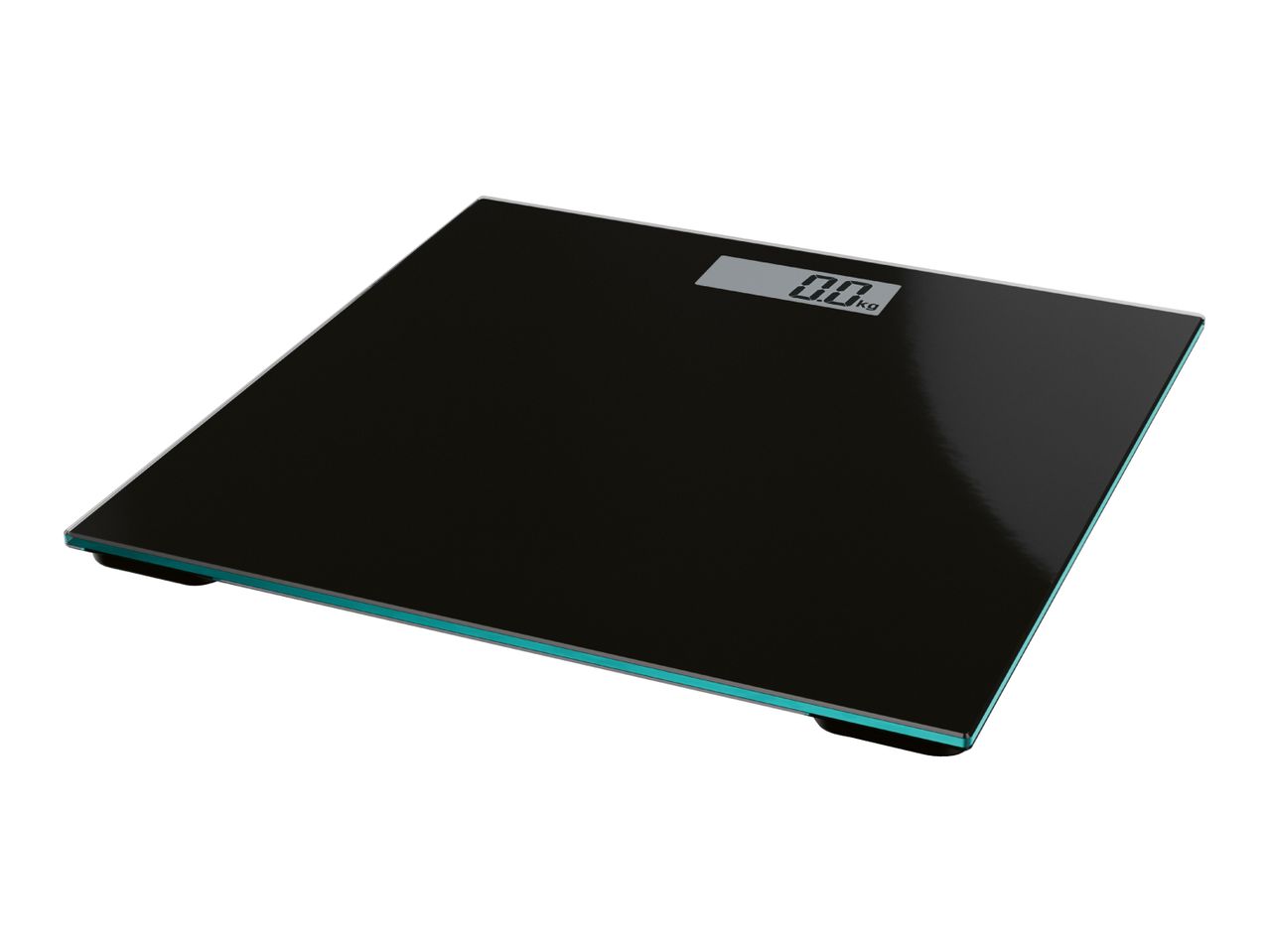 Black digital bathroom scale displaying 0.0 kg