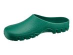 Green medical clog with a textured surface and a wavy sole.