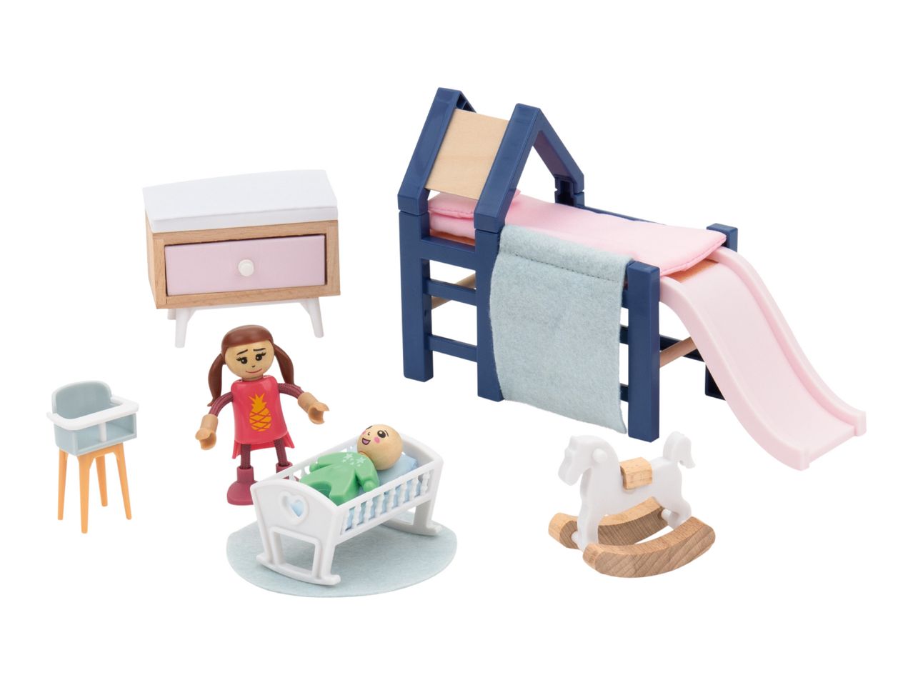 A dollhouse bedroom set with a bed, slide, dresser, high chair, rocking horse, and two dolls.