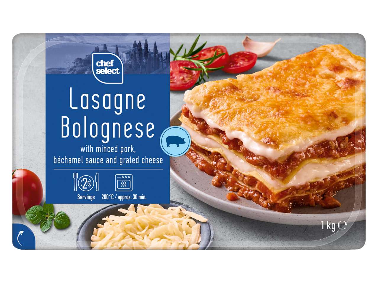 Lasagna Bolognese Chef Select, o masă gata congelată cu carne tocată de porc, sos bechamel și brânză.