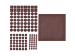 Assortment of brown felt pads in various shapes and sizes, ideal for furniture protection.