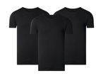 Tre sorte T-shirts med rund hals, stablet forskudt på en hvid baggrund.