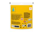 A yellow package for a cute animal birthday party set, showing a blue building block and warnings about small parts.
