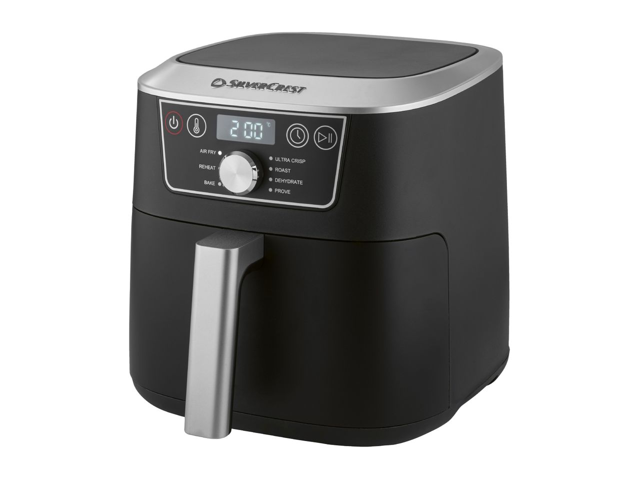 Black and silver hot air fryer with digital display and control dial