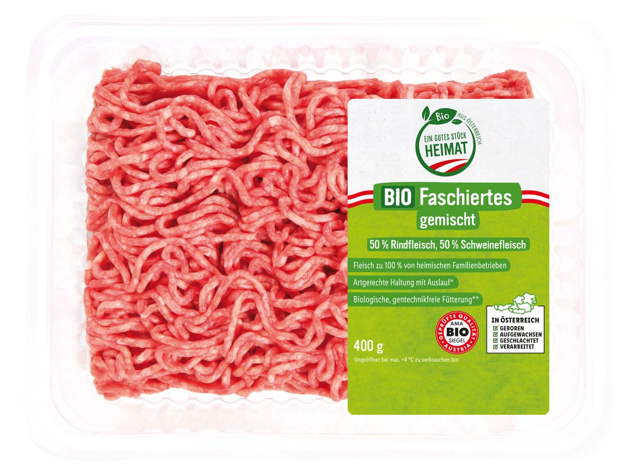 Verpackung mit Bio-Hackfleisch gemischt aus Rind- und Schweinefleisch, 400g