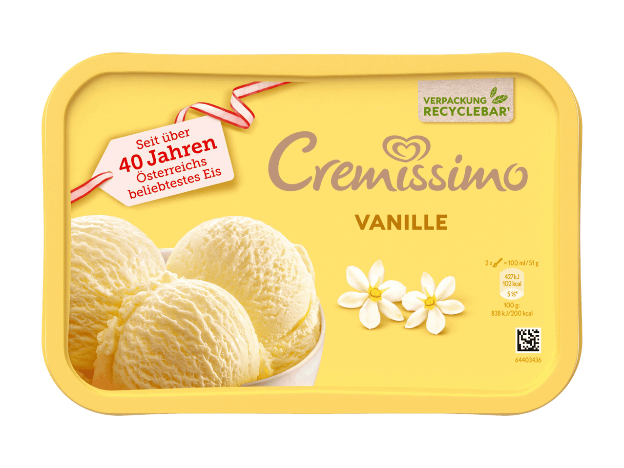 Cremissimo Vanille-Eis in gelber Verpackung, seit über 40 Jahren Österreichs beliebtestes Eis.