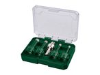 A set of diamond drill bits in a green case with a clear lid, including sizes 6mm, 8mm, 10mm, and 12mm.
