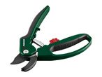 Green and black bypass pruning shears with a red safety lock and ergonomic handles.