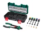 Rivet nut plier set with various rivet nuts (M5, M6, M8, M10, M12) and accessories in a case.