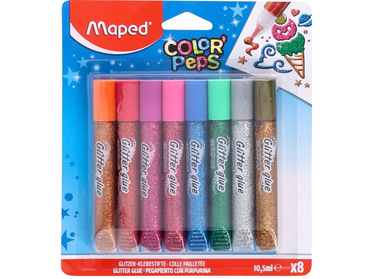 Опаковка от осем тубички брокалено лепило Maped Color'Peps.