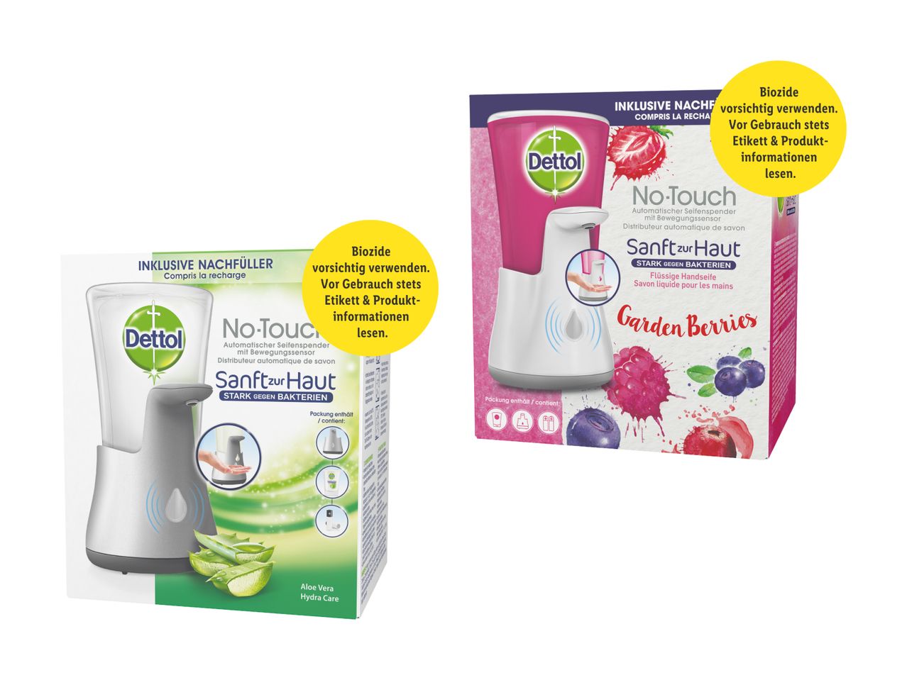 Dettol No-Touch Seifenspender mit Nachfüllpackungen in Aloe Vera und Garden Berries Duft.
