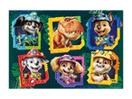 Seks Paw Patrol-figurer og en dinosaur i farverige rammer på en mørkegrøn baggrund.