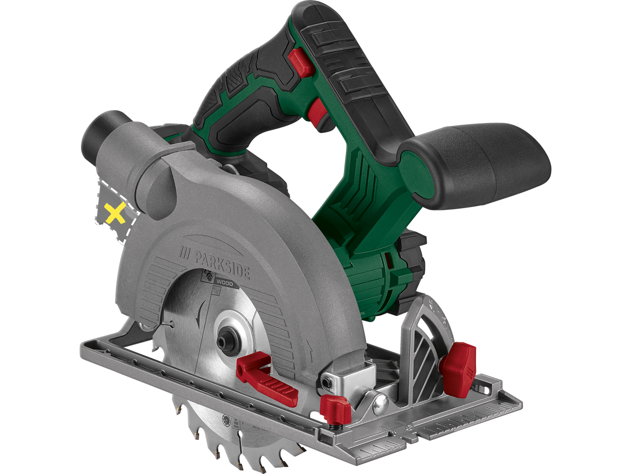 Parkside® 20V Cordless Circular Saw with a grey blade guard and green and black handle.