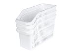 Stack of four white plastic storage baskets.