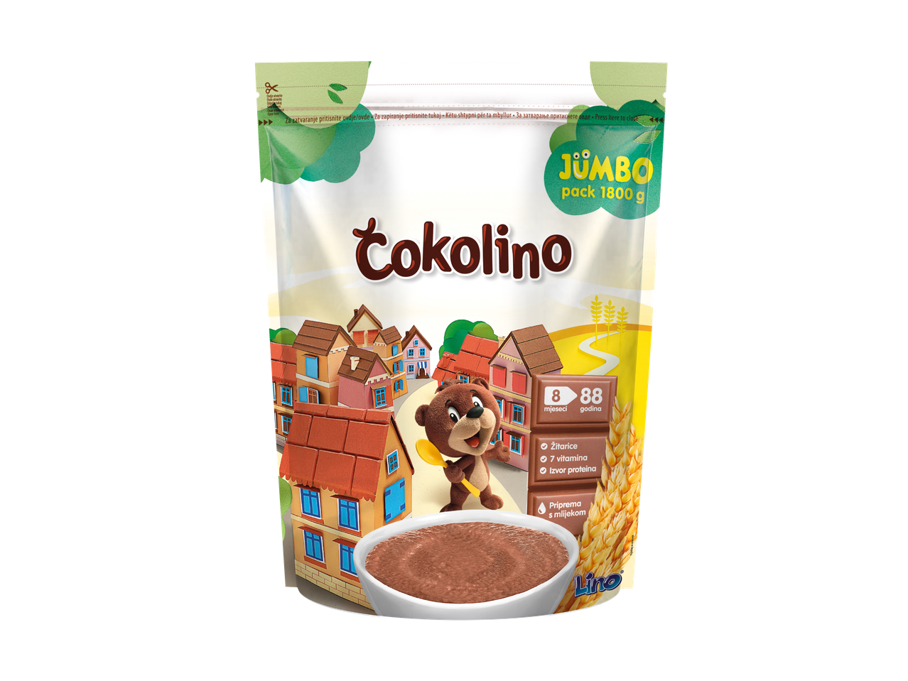Veliko pakiranje dječje čokoladne kaše s medvjedićem, kućicama i pšenicom, 1800 g.