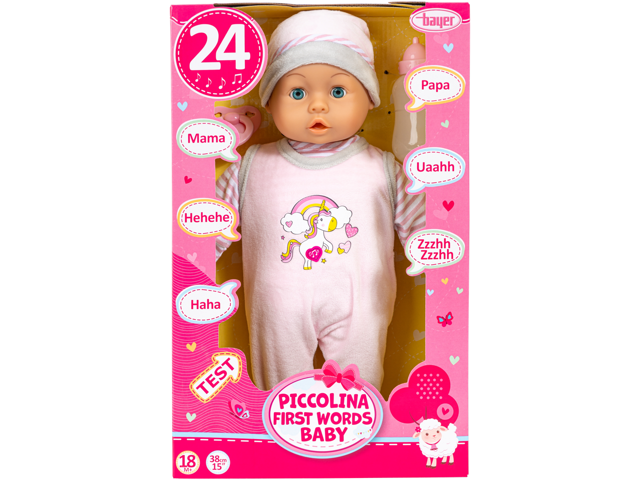 LUPILU® Dukke: Piccolina First Words Baby lėlė rožiniu kostiumu su vienaragiu.