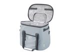 A gray soft-sided cooler bag with a removable lid, ideal for carrying drinks and food.