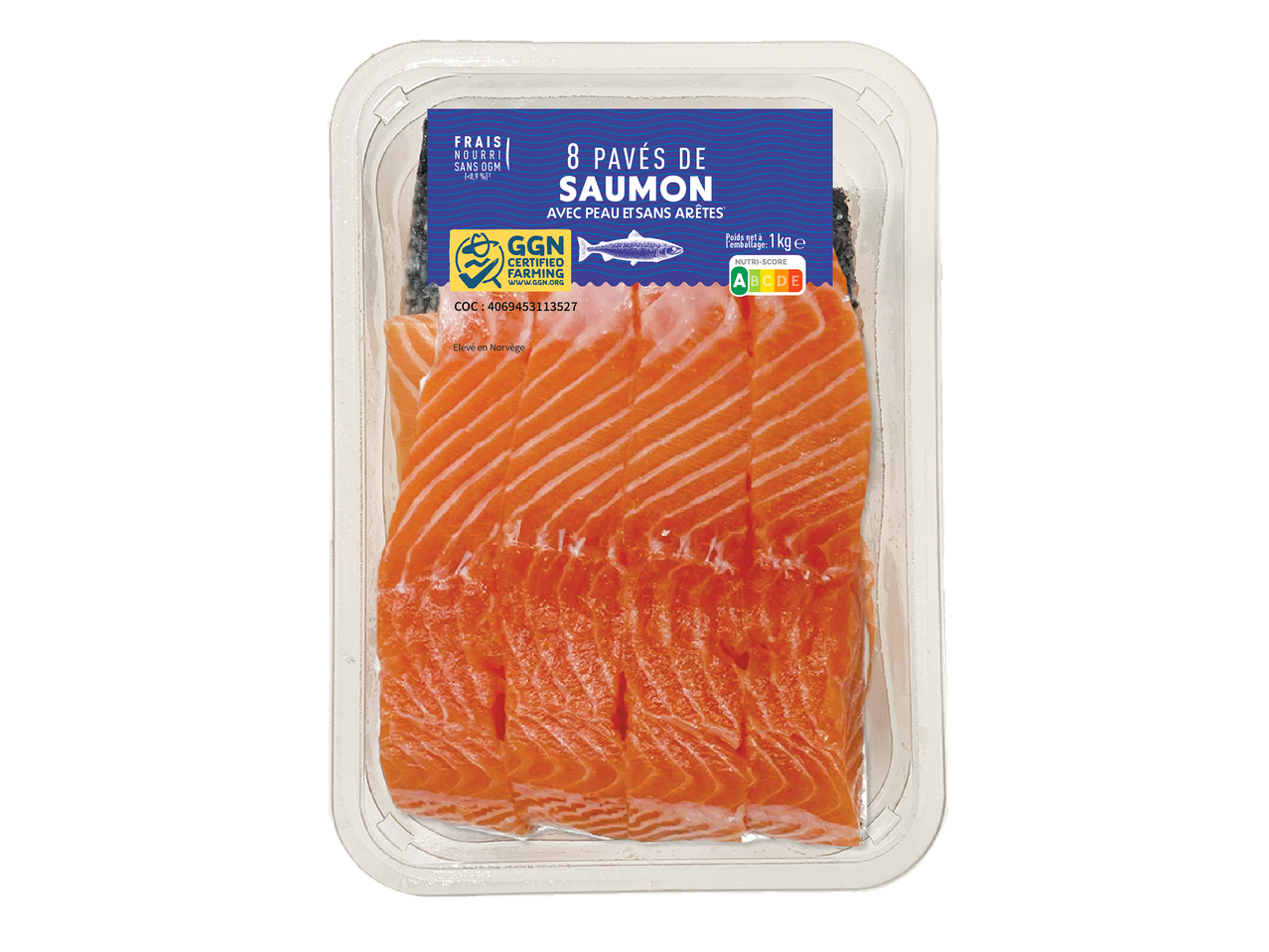 8 pavés de saumon frais avec peau et sans arêtes, certifiés GGN, élevés en Norvège, 1 kg, Nutri-Score A.