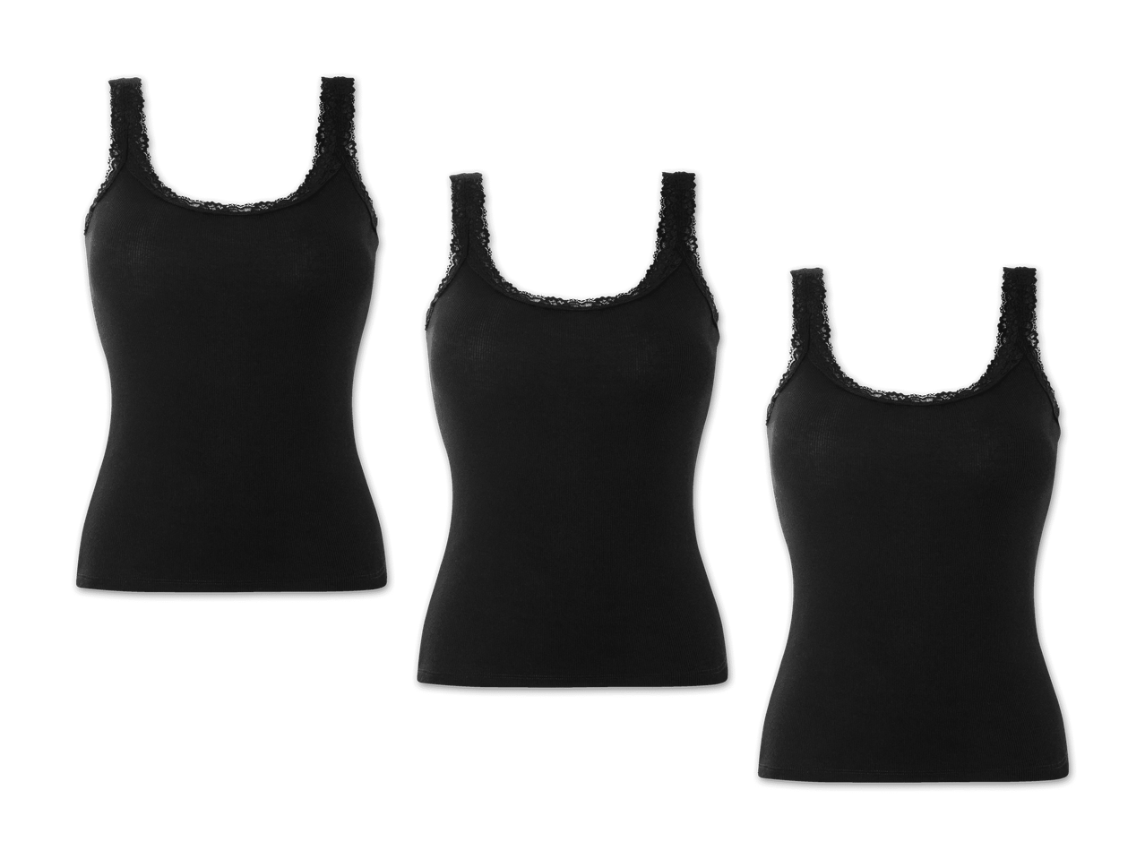 Drei schwarze Tanktops mit Spitzenbesatz.