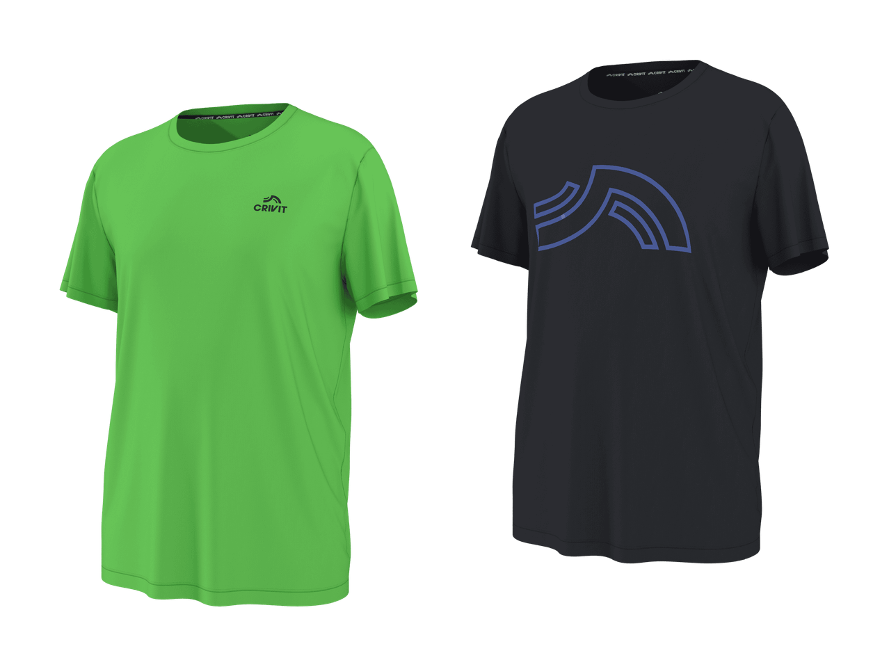 Deux t-shirts de sport pour homme, un vert vif avec un petit logo et un gris foncé avec un grand motif abstrait.