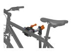 Bicycle repair stand with a bike attached, featuring orange clamps and adjusters.