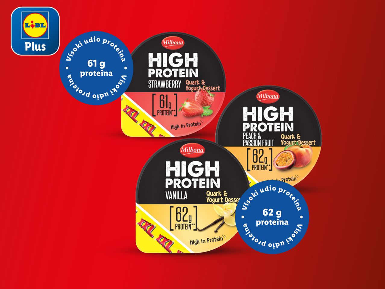 Milbona High Protein jogurti u okusima jagoda, vanilija i breskva-marakuja.