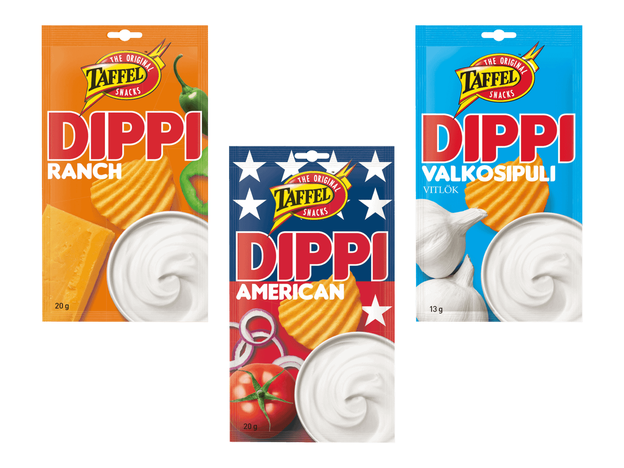Kolme dippijauhepussia: Ranch, American ja Valkosipuli, joissa on ainesosakuvia.