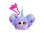 Lilla og blå Furby plyslegetøj med lyserødt hårbånd.