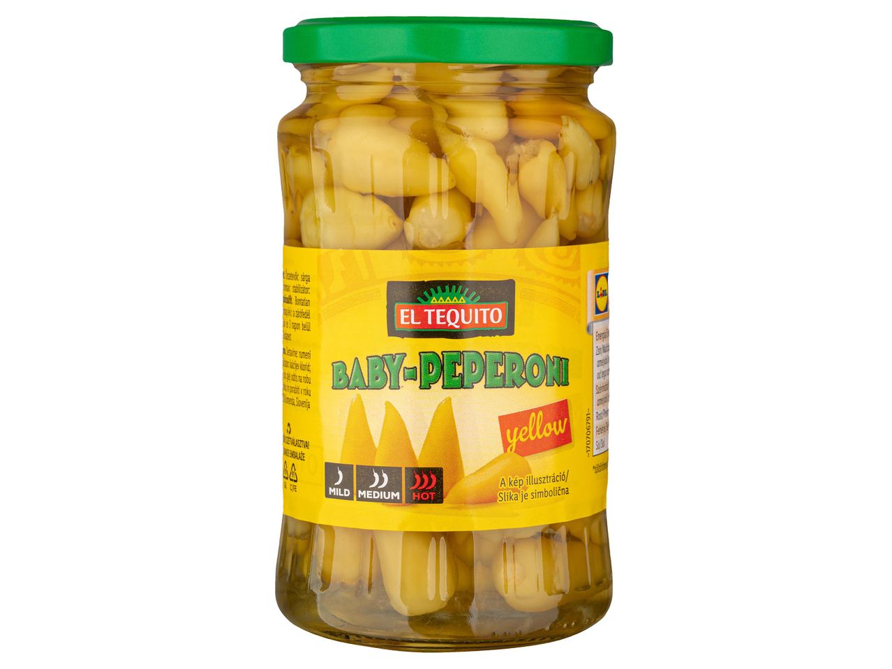 Üveg El Tequito Baby-Peperoni sárga paprika, enyhe, közepes és erős fűszerességi jelölésekkel.