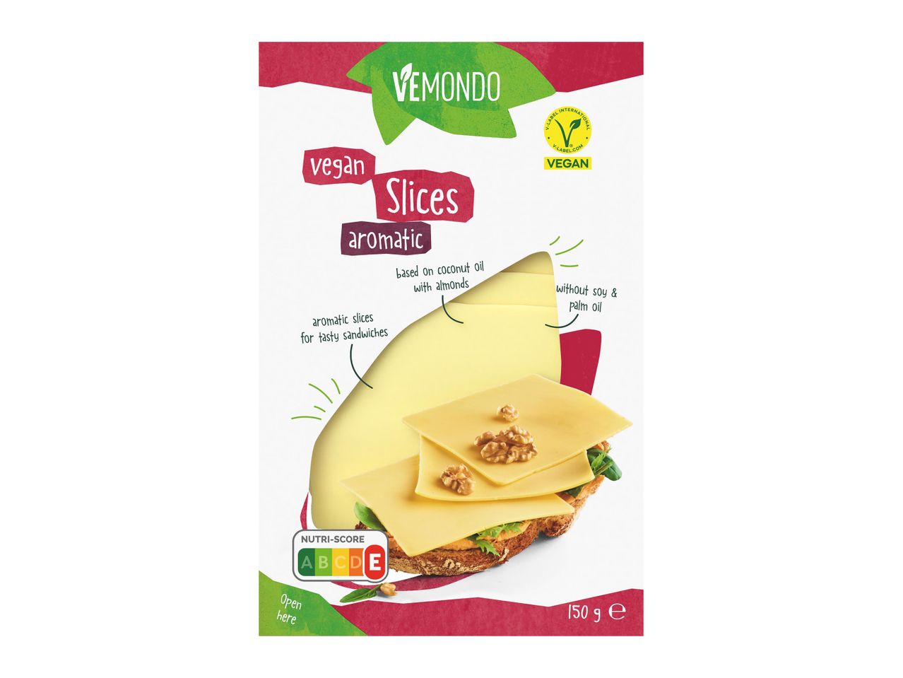 Vemondo aromás, vegán sajtszeletek kókuszolajjal, dióval, szója és pálmaolaj nélkül.
