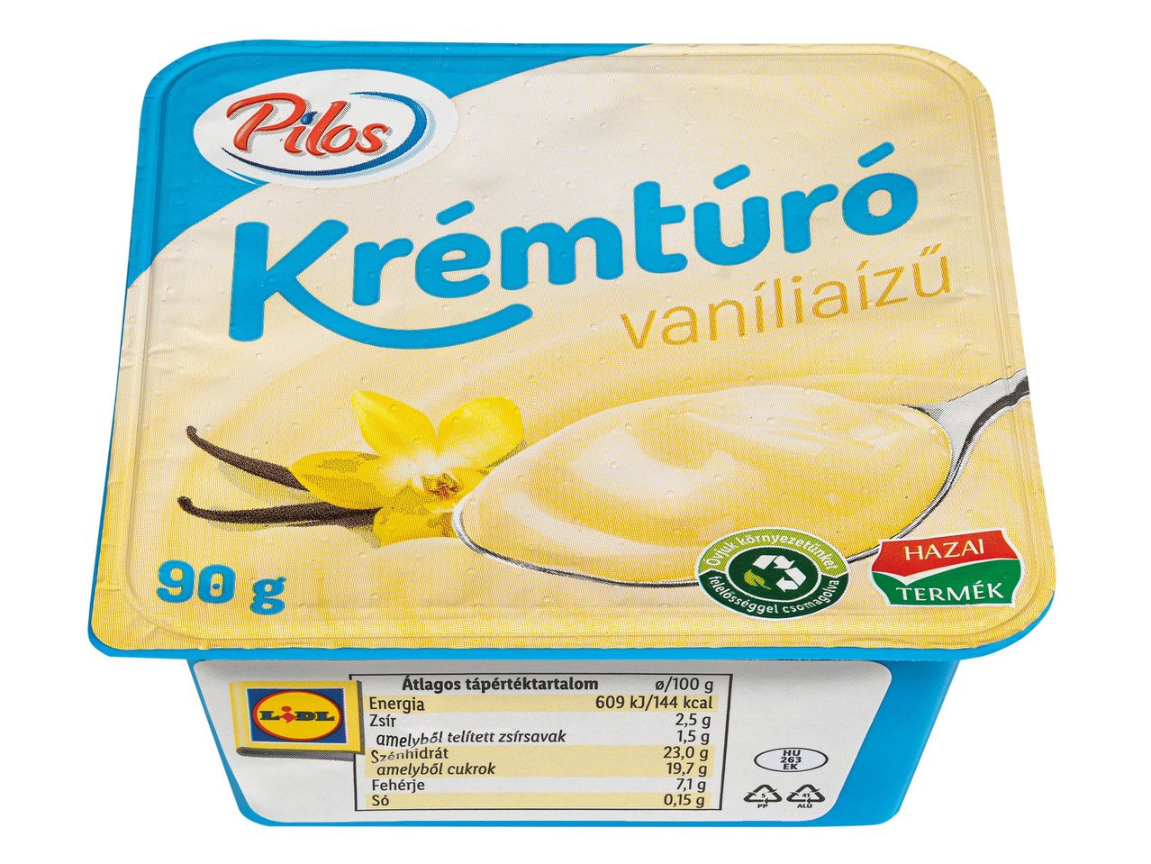 Pilos vaníliaízű krémtúró 90 grammos kiszerelésben, tápértékadatokkal és környezetvédelmi jelölésekkel.