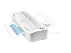 White laminator with a paper trimmer, processing documents with charts and graphs.