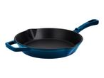 Blue cast iron frying pan with a black interior and a long handle.