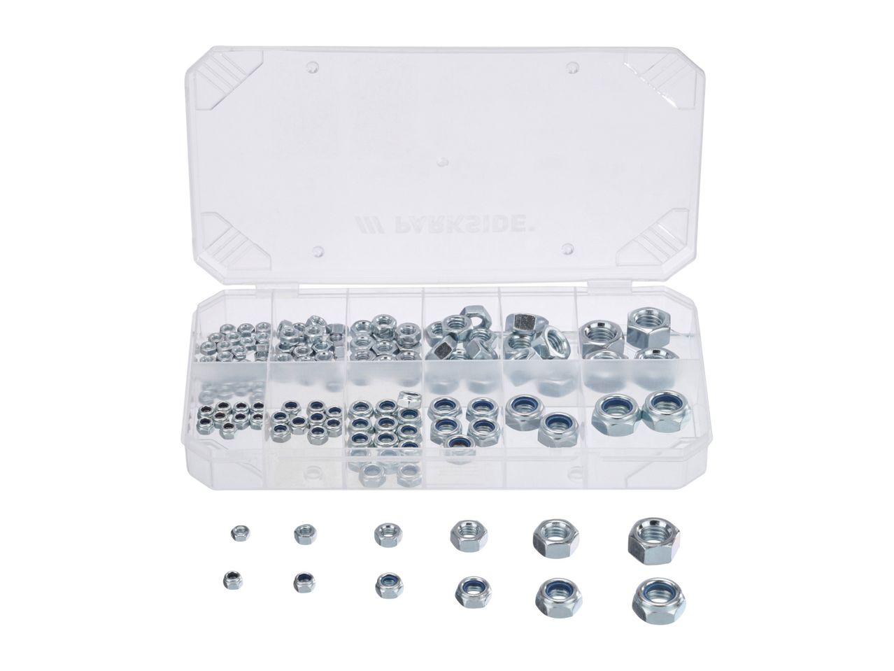 A plastic case filled with various sizes of metal nuts and bolts.