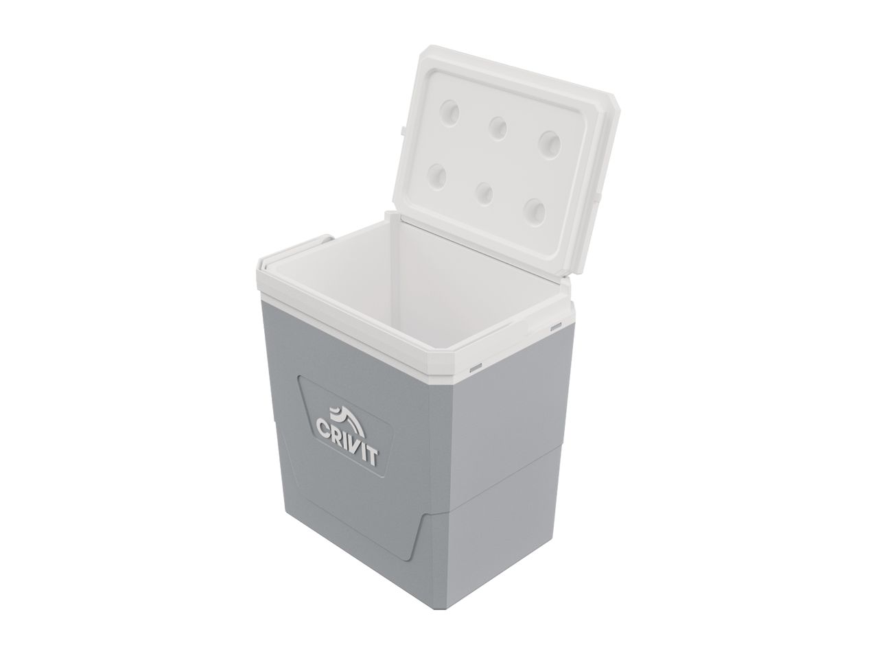 A grey Crivit cooler with its lid open, showcasing its interior space.