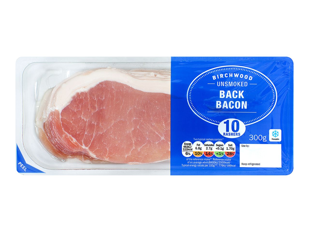 Birchwood unsmoked back bacon: 10 rashers, 300g.