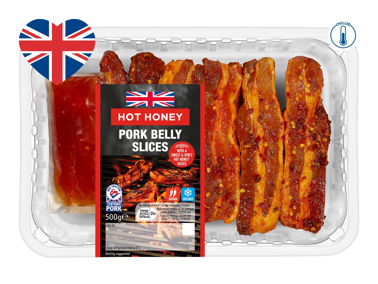 Chilled hot honey pork belly slices with sweet and spicy sauce, 500g.