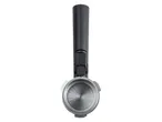 Espresso portafilter with a black plastic handle and a stainless steel filter basket.
