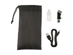 Black drawstring bag with a small bottle, cleaning brush, and USB-C charging cable.