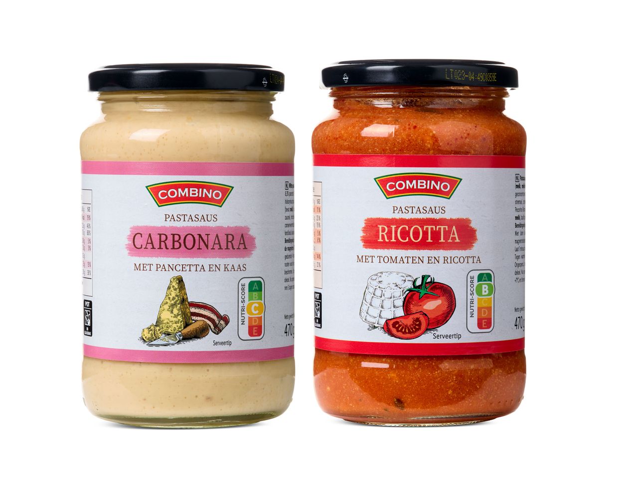 Twee Combino pastasausen: Carbonara en Ricotta.