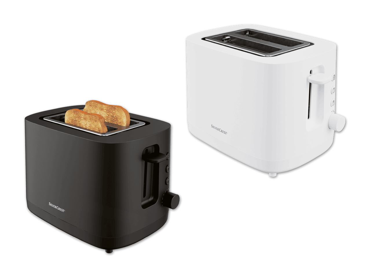 Zwei SilverCrest Toaster, einer schwarz, einer weiß, mit geröstetem Toast.