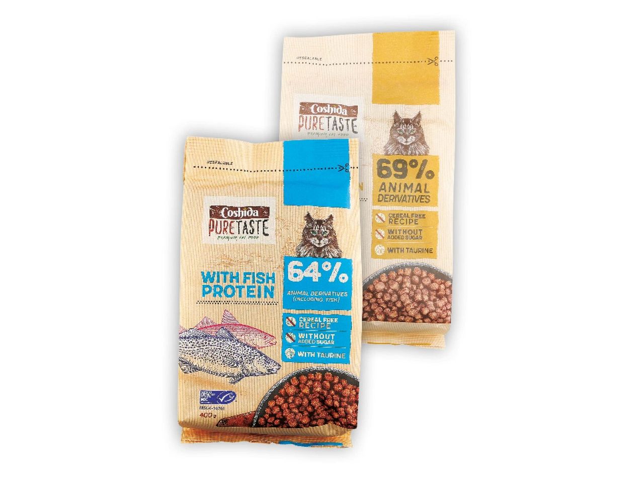 Two Coshidia PureTaste cat food pouches: one with fish, the other grain-free.