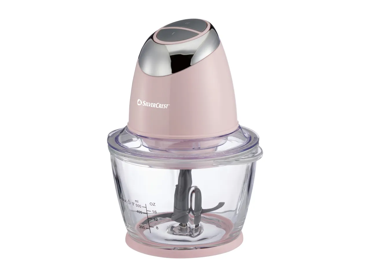 SilverCrest food chopper with a pink base and top, and a clear glass bowl.
