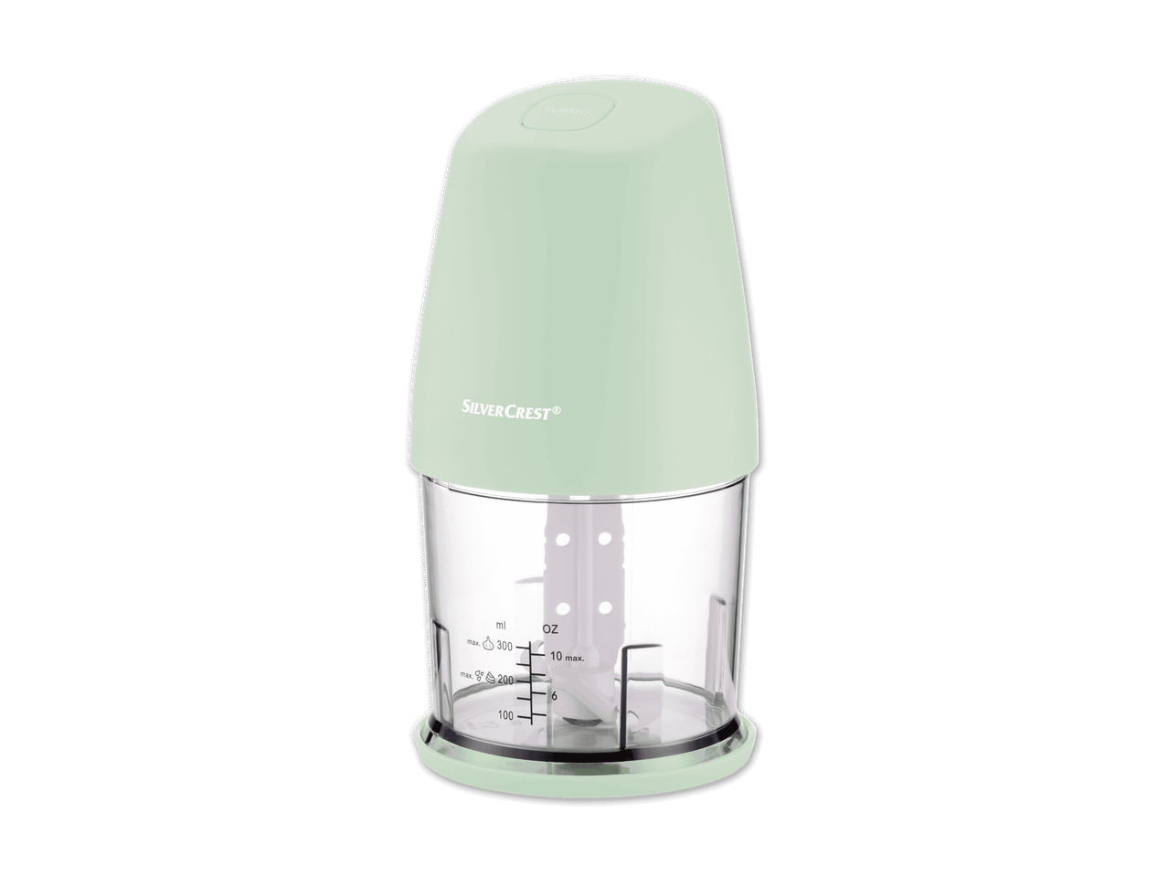 Ein mintgrüner Mini-Zerkleinerer für die Küche.