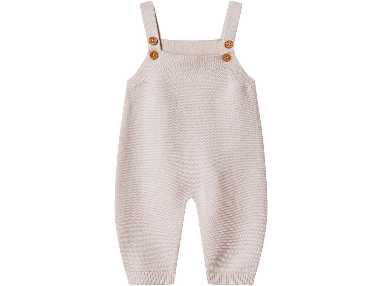 Knitted baby romper in a light beige color with wooden buttons on the straps